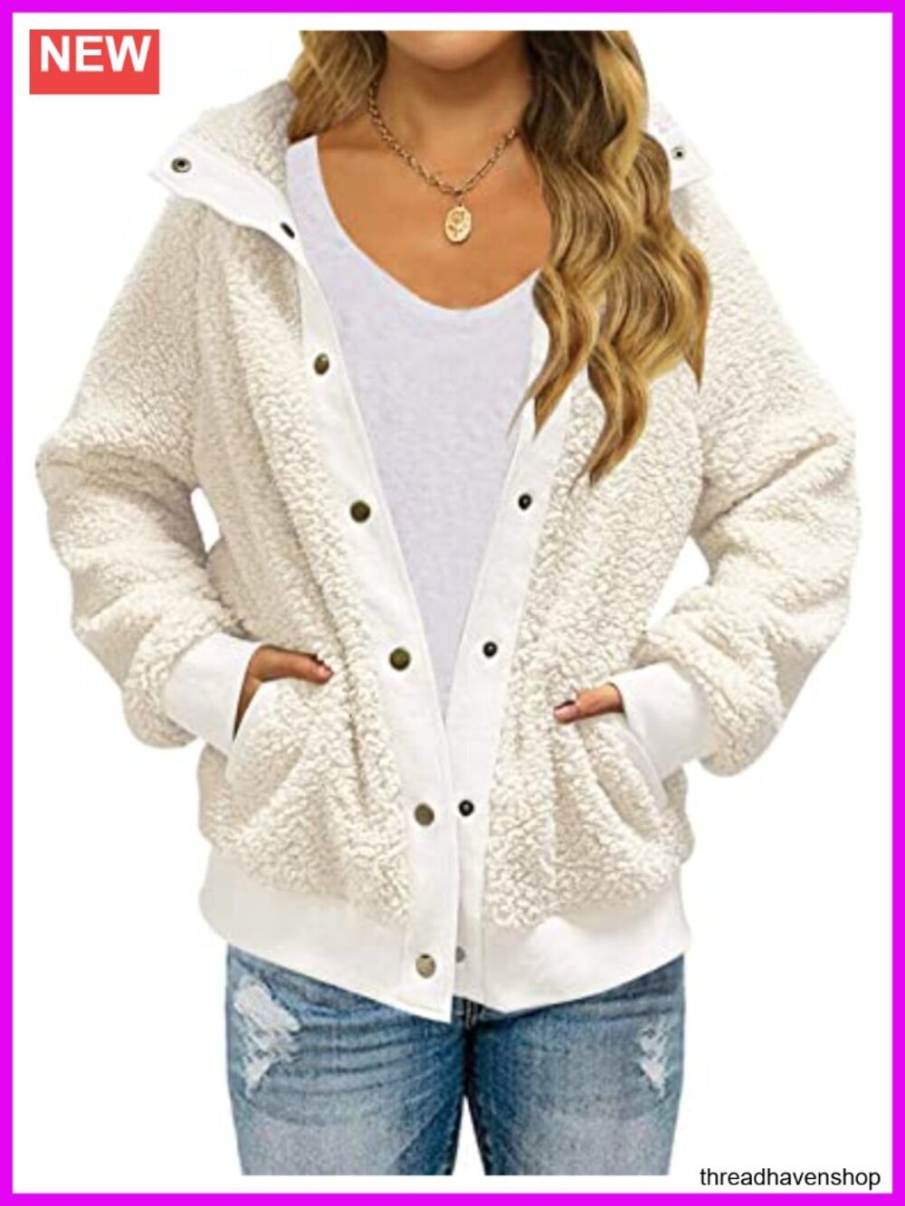 Fleece Sherpa Jacket Winter Coat Fuzzy Button Down Outerwear with Pockets